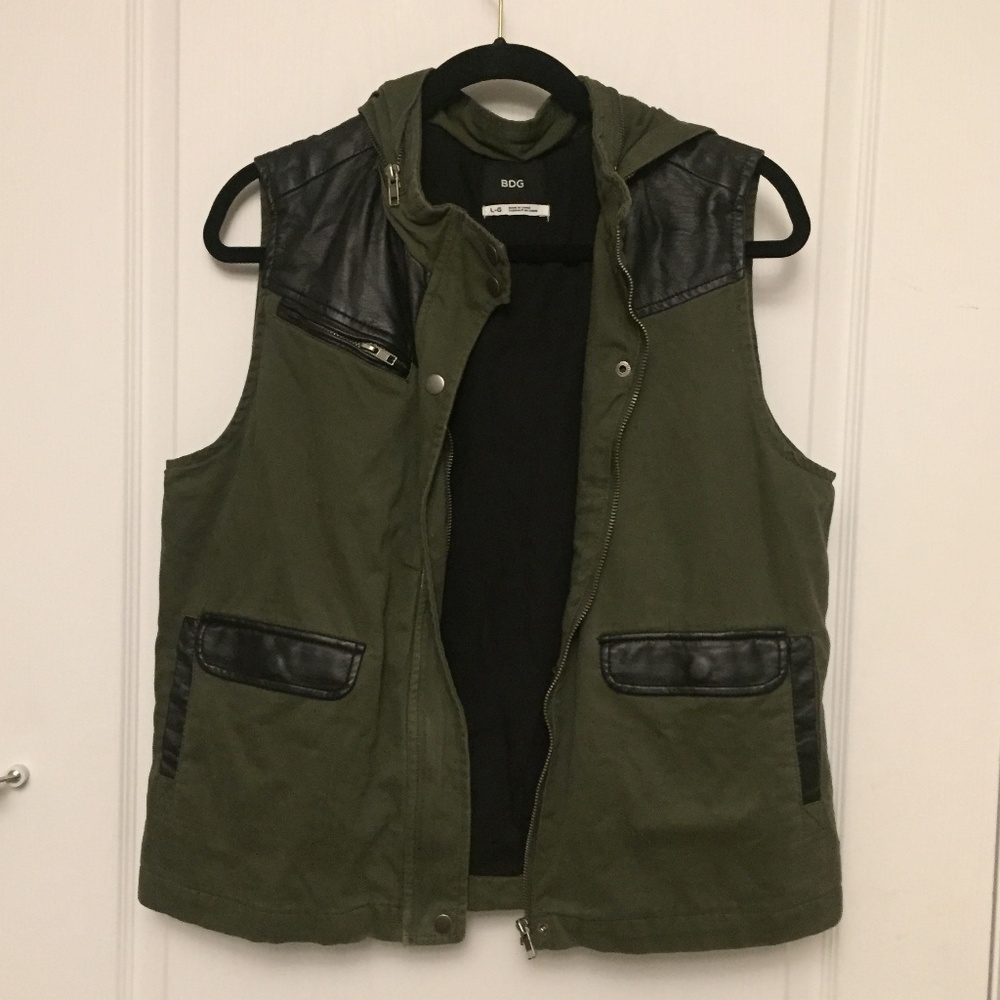 Army Green and Faux Leather Vest